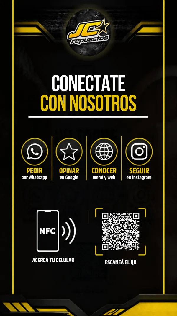 Diseño de cartel NFC para JC Repuestos, negro y amarillo